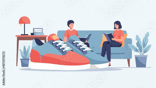 An illustration two large sneakers in the foreground, with people relaxing on a sofa, reading and working