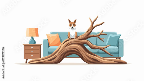 Cute cartoon dog sits on a large tree stump in a living room with a blue sofa and lamp on white