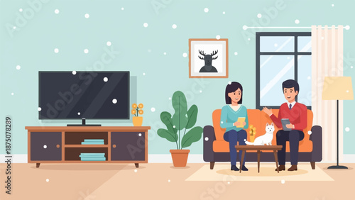 An indoor scene of a couple and a cat on a couch, surrounded by home decor on a snowy day