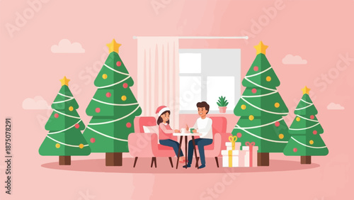 Illustrated couple enjoys coffee amidst festive Christmas trees and gifts in a cozy pink room