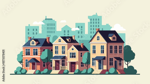 Illustrated street scene with diverse houses and lush greenery in the foreground, against a muted city skyline