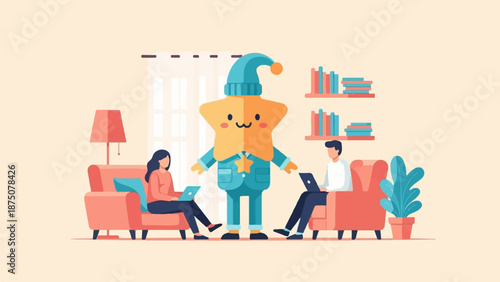 Cute star character with a hat stands between two people working on laptops in a cozy room