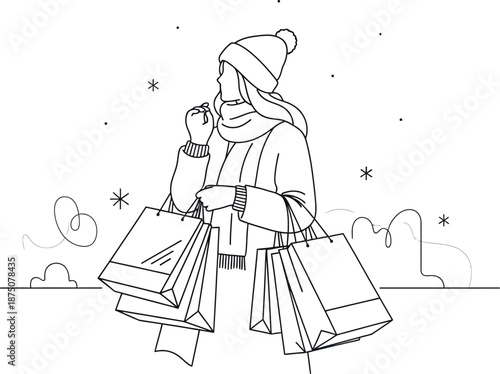 Stylish woman dressed warmly in winter attire holding multiple shopping bags after successful seasonal retail therapy outdoors