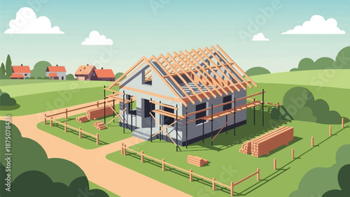 Illustrated view of a house under construction with a visible roof frame and scaffolding, set in a green landscape
