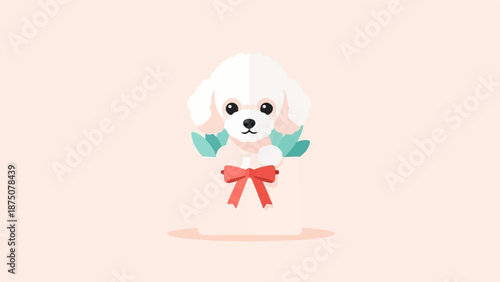 Cute stylized white puppy illustration peeking from a gift box with a red bow against a light background