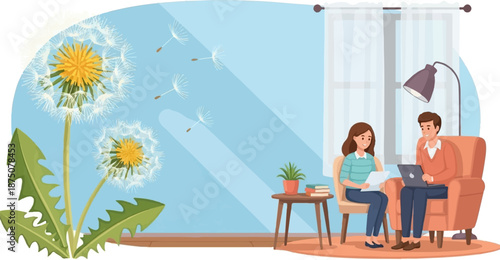Dandelion plant with flying seeds and a couple relaxing indoors, one reading, one with a laptop