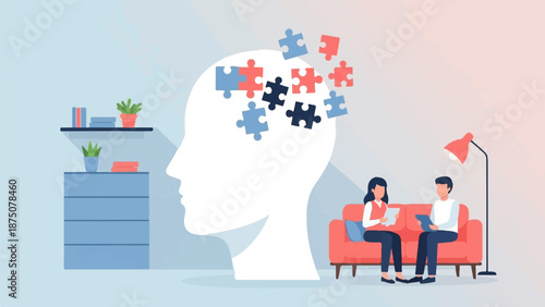 Illustration Giant head with puzzle pieces symbolizing mental health, two people on a couch in therapy