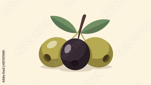 Illustration of a black olive with two green olives and leaves, on a light background