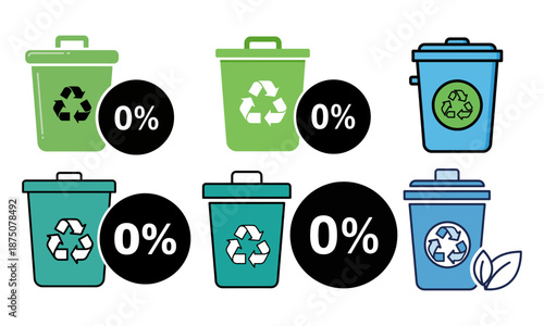 Zero waste recycling bin flat icon set for eco-friendly living