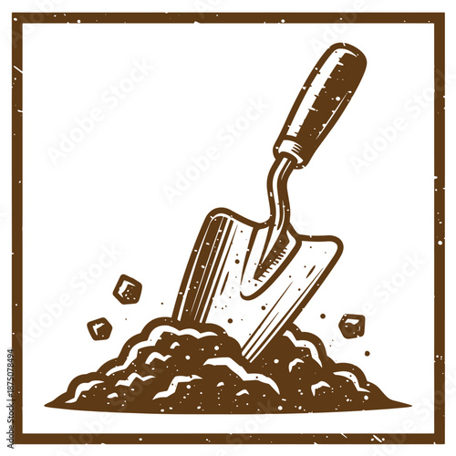 Drawing Vintage Brown shovel in a pile of dirt with a brown border on white background