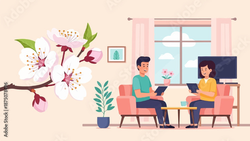 Illustration of a blossoming cherry branch overlaying a couple relaxing in a living room, using tablets