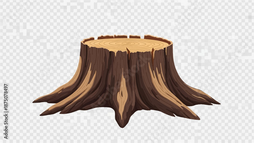 Detailed illustration of a tree stump with visible growth rings and roots, on a transparent background