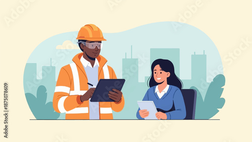 Illustration of a construction worker and a professional woman reviewing documents with a city skyline background