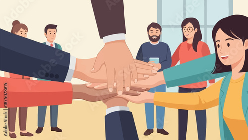 Diverse group of colleagues stacking hands in a team huddle, symbolizing unity and collaboration