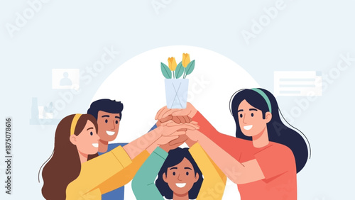Diverse group of five people with stacked hands supporting a vase of yellow flowers, symbolizing teamwork