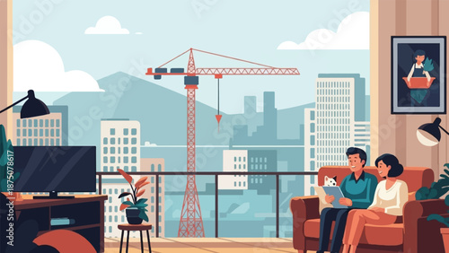 Illustration of a couple and cat relaxing in a modern apartment, city skyline with a crane visible