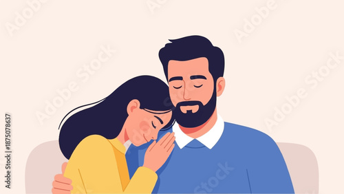 Illustration of a couple embracing with closed eyes, sharing a moment of comfort and affection