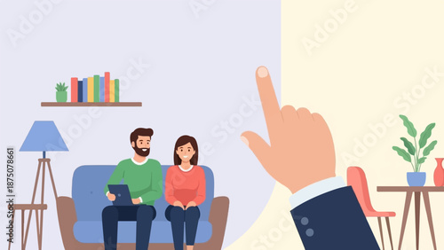 Illustration of a couple on a couch with a hand pointing towards them, indicating interaction or choice