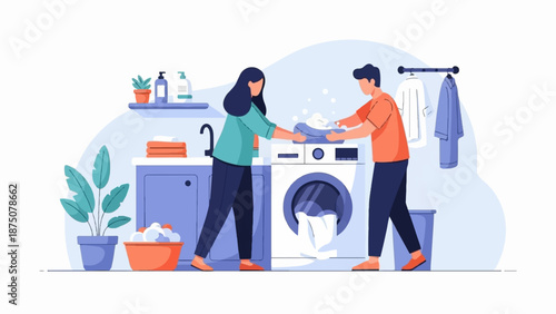 Illustration of a couple collaboratively doing laundry with a washing machine in a home setting