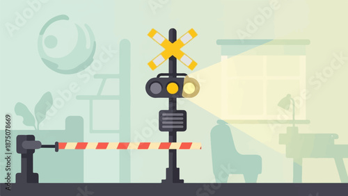 Dreamy flat design of a railroad crossing with a red-white barrier, flashing yellow lights, soft ambient