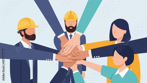Diverse team of professionals, including workers in hard hats, stacking hands in a symbol of unity and teamwork