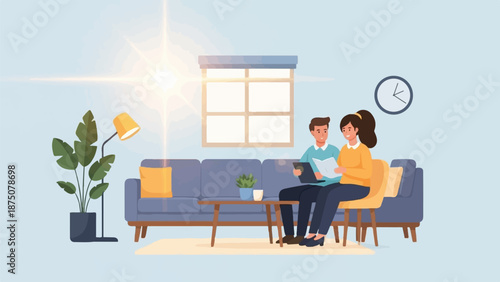 Illustration of a couple relaxing in a sunny living room, reading and working with plants and decor