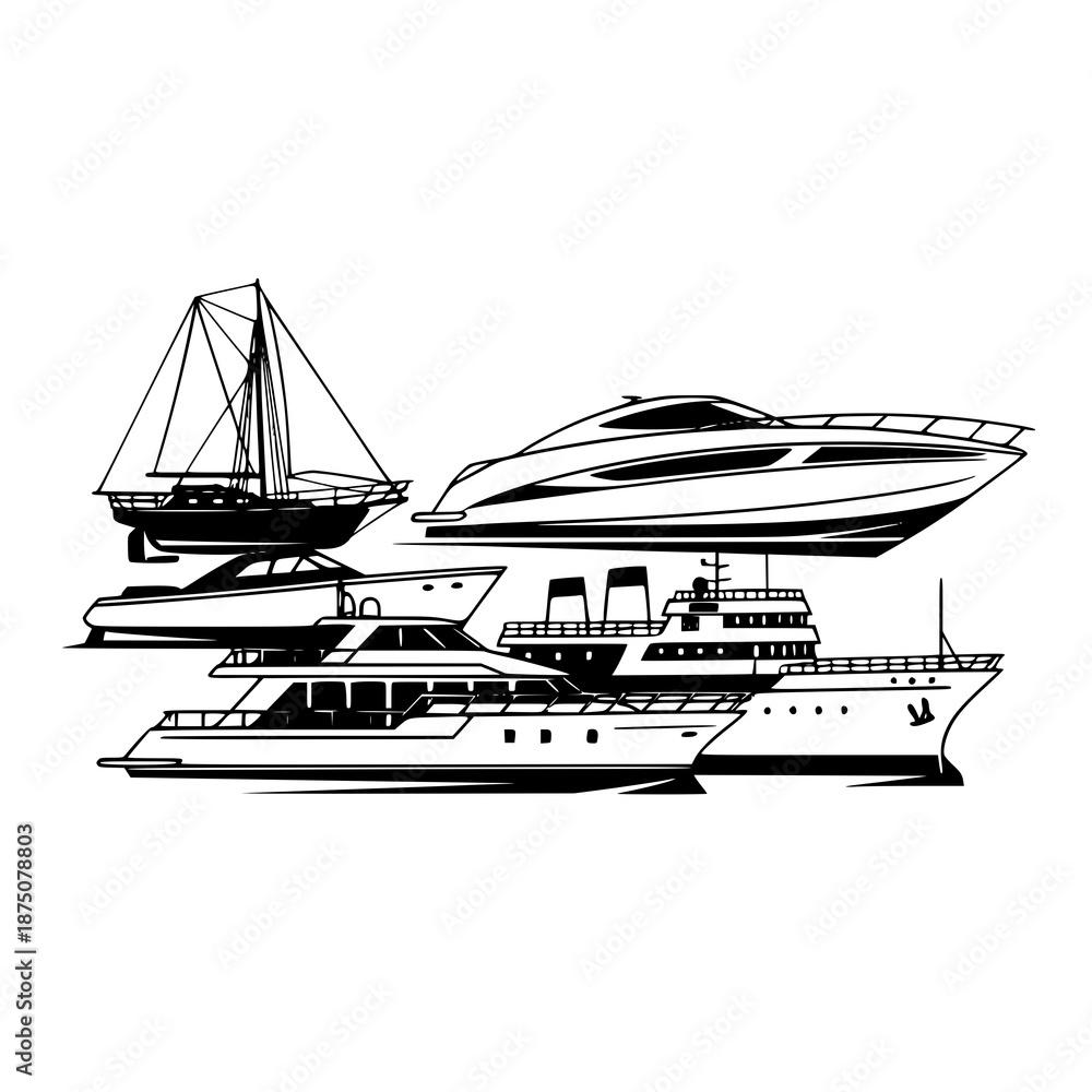 Fototapeta premium Minimal silhouette set of sea ships and boats vector illustration isolated on white