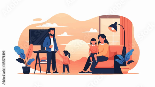 Illustration of a family enjoying a warm sunset moment indoors with a father, mother, and two daughters