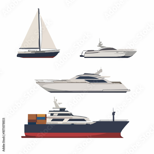 Set of sea ships and boats vector illustration including sailboat, speedboat, yacht, and cargo ship