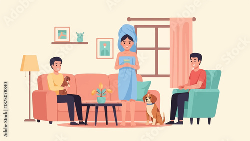 Illustration of a family, two men and a woman in a towel, with two dogs in a cozy living room