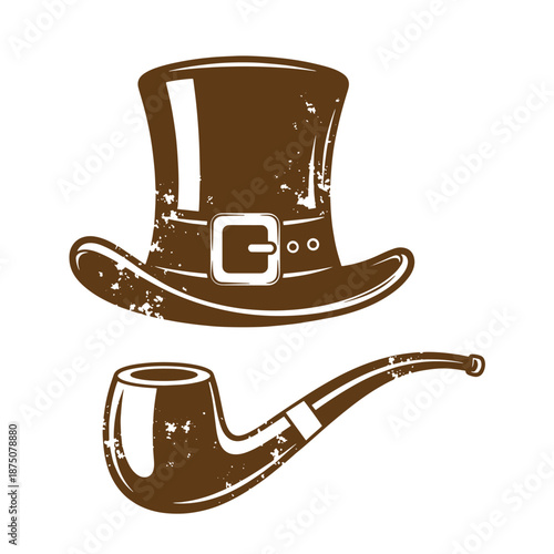 Drawing Vintage Brown silhouette of top hat and smoking pipe on white background