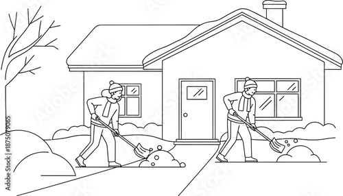 Two cartoon people dressed warmly clear snow from the walkway outside a small residential house during a cold winter day
