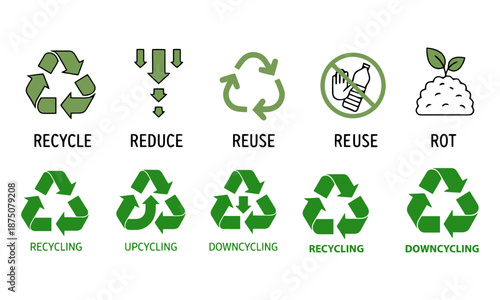 Zero waste lifestyle flat icon set: recycle, reduce, reuse, rot