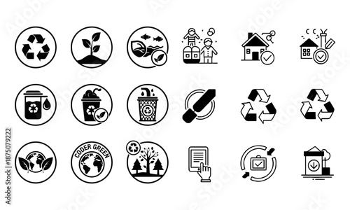 Zero waste lifestyle flat icon set for sustainable living
