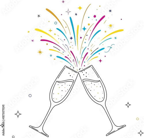 Two champagne flutes clinking together in a celebratory toast releasing colorful fireworks and sparkling confetti marks against a white background