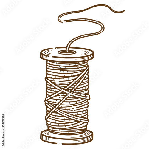 Drawing Vintage Brown spool of thread with long tail  sewing and crafting supplies