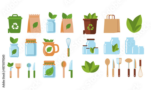 Zero waste lifestyle flat icon set for sustainable living