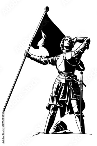Powerful black ink illustration of Saint Joan of Arc in medieval armor. The Maid of Orleans holds a flag, looking toward the horizon. Iconic historical vector art for posters and education.