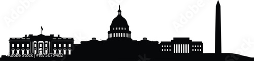 Silhouette of Washington DC skyline with Capitol White House and Washington Monument, government politics democracy concept illustration isolated on white background