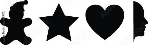 Simple black icon silhouette set, teddy bear star heart human face symbols, minimal graphic shapes collection isolated on white background