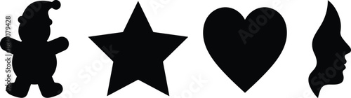 Simple icon silhouette set, teddy bear star heart face symbols, black shapes collection isolated on white background minimal vector illustration