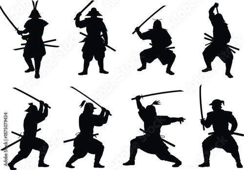 Samurai warrior silhouettes with katana swords, Japanese fighters in dynamic combat stances, traditional martial arts action set vector