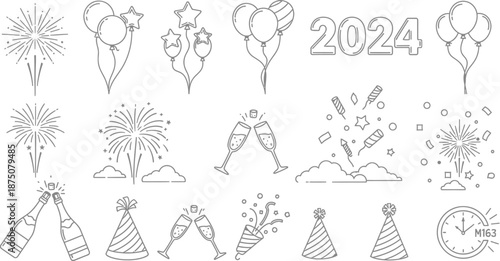 Collection of outline icons representing new year celebration elements including fireworks balloons champagne and party hats for design use