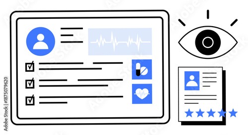 Digital medical record featuring a patient profile, health data, and medication information next to an evaluation checklist and quality score symbol. Ideal for technology, healthcare, telemedicine