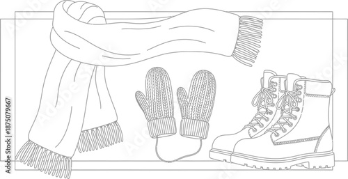 Essential cold weather accessories featuring a cozy fringed scarf warm knitted mittens and sturdy lace up winter boots for outdoor activities