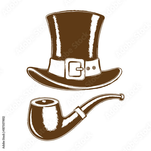 Drawing Vintage brown top hat and smoking pipe on white background