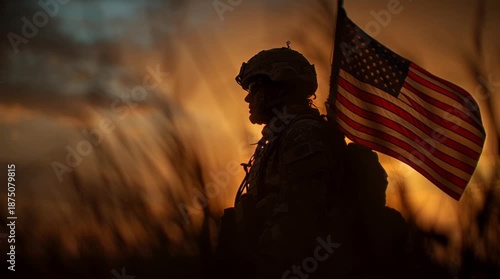 Profile Silhouette of a Soldier with an American Flag on Their Backpack Standing in Tall Grass at Golden Hour