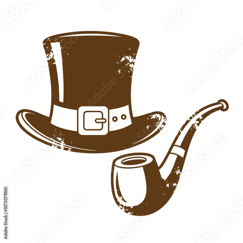 Drawing Vintage Brown top hat with white belt and smoking pipe on white background