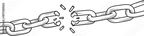 Hand drawn sketch of a metal chain link snapping forcefully in half symbolizing freedom connection loss or breaking strong bonds