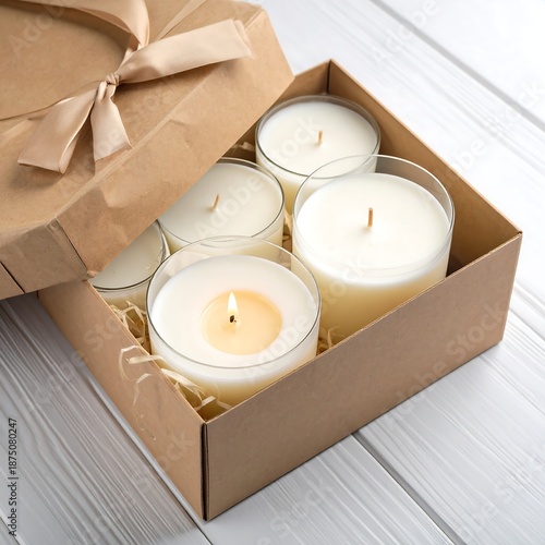 A gift box containing five unlit and one lit candles